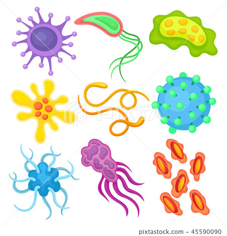Flat vector set of different dangerous viruses. Pathogenic bacteria. Biology microorganism. Science 45590090