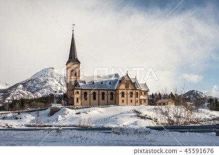Architecture Vagan church in winter at Kabelvag 45591676