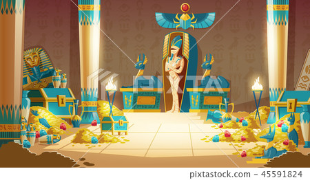 Vector cartoon Egyptian tomb - pharaoh sarcophagus, pyramid. 45591824