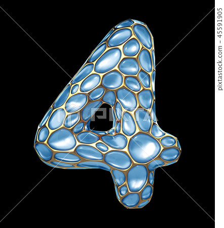 Number 4 four made of golden shining metallic 3D with blue glass isolated on black background. 45591905