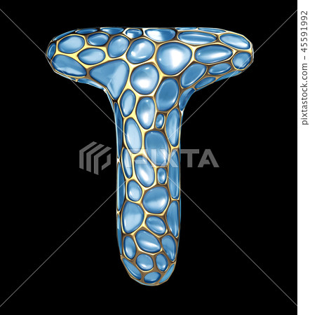 Golden shining metallic 3D with blue glass symbol capital letter T - uppercase isolated on black 45591992
