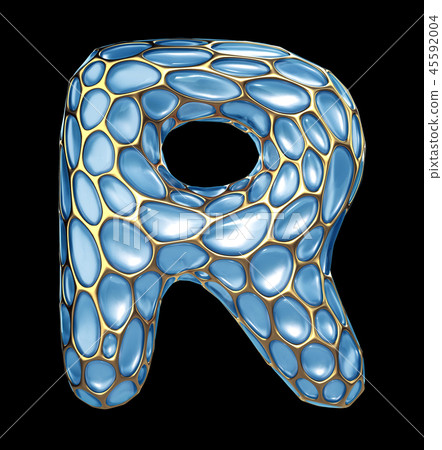 Golden shining metallic 3D with blue glass symbol capital letter R - uppercase isolated on black Golden shining metallic 3D with blue glass symbol capital letter R - uppercase isolated on black 45592004