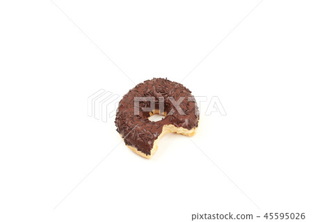 Bitten chocolate donut with sprinkles isolated on white background. Top view Bitten chocolate donut with sprinkles isolated on white background. Top view 45595026