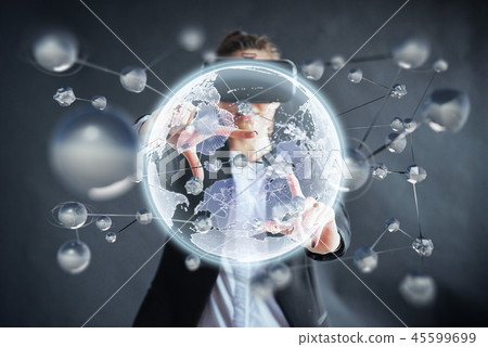 Virtual reality, 3D-technologies, cyberspace, science and people concept - happy woman in 3d glasses Virtual reality, 3D-technologies, cyberspace, science and people concept - happy woman in 3d glasses 45599699