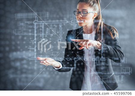 The person at the board of a financial dashboard of key indicators of stock market performance and The person at the board of a financial dashboard of key indicators of stock market performance and 45599706