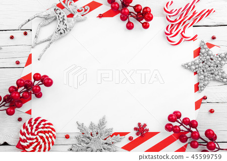 Christmas frame made of decorations. Christmas card Christmas frame made of decorations. Christmas card 45599759
