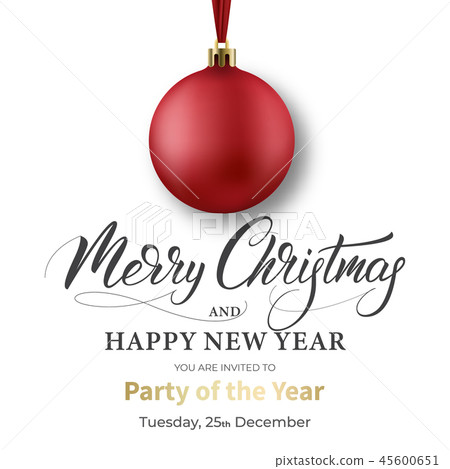Christmas card. Winter Holiday design with red ball and Merry Christmas calligraphy 45600651