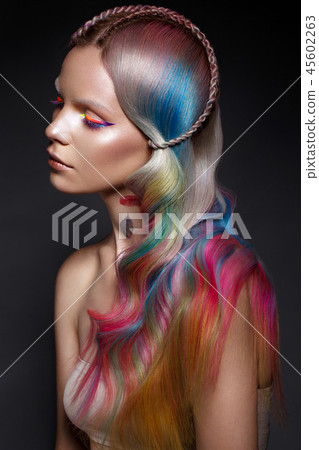 Beautiful Girl With Multi Colored Hair And Stock Photo