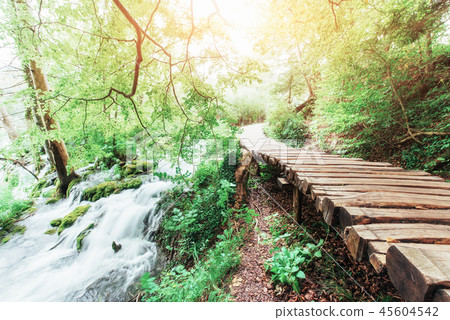 Plitvice Lakes National Park, tourist route on the wooden flooring along the waterfall Plitvice Lakes National Park, tourist route on the wooden flooring along the waterfall 45604542