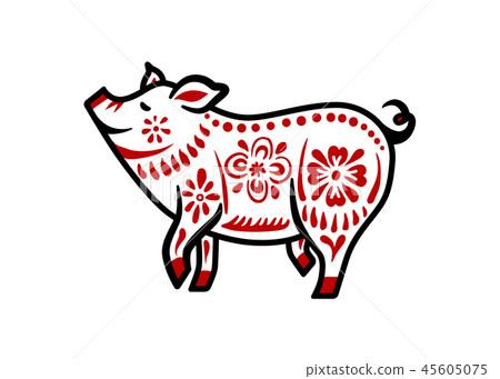 Pig for happy chinese new year celebration in white and red color with dark outline. Vector Pig for happy chinese new year celebration in white and red color with dark outline. Vector 45605075