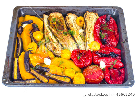Seasonal vegetables baked on baking sheet 45605249