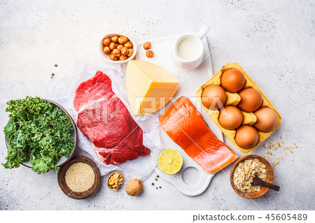 Balanced diet food background. Protein foods Balanced diet food background. Protein foods 45605489