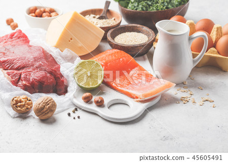 Balanced diet food background. Protein foods 45605491