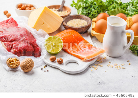 Balanced diet food background. Protein foods 45605492