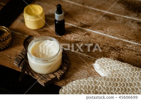 Natural SPA cosmetics on wooden table overhead 45606699