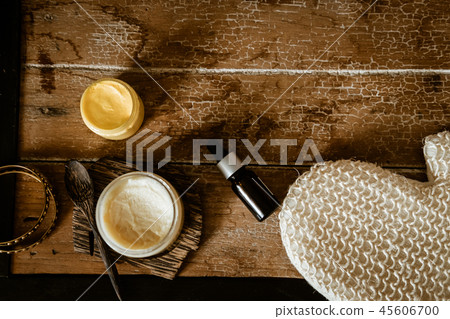 Natural SPA cosmetics on wooden table overhead 45606700