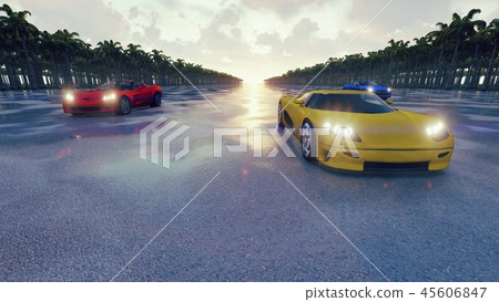 Race sports cars at sunset in the tropics. 3D Rendering 45606847