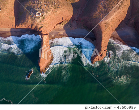 Top view on Legzira beach with arched rocks Top view on Legzira beach with arched rocks 45606989