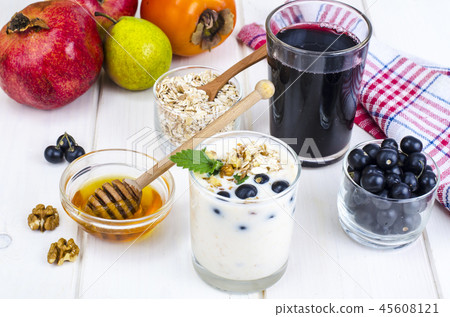 Healthy breakfast with yogurt, juice, fruits 45608121