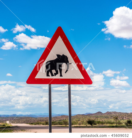 Elephants crossing road warning sign, Namibia Elephants crossing road warning sign, Namibia 45609032