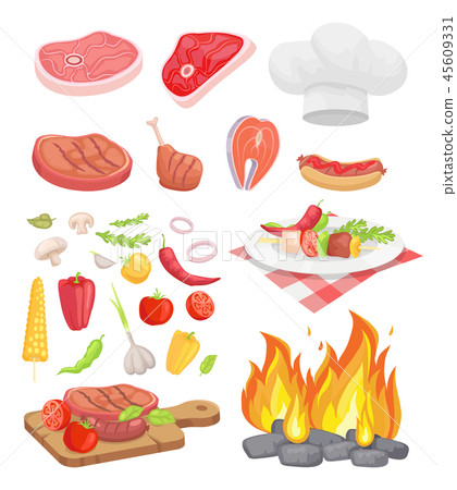 BBQ Set, Meat for Barbecue and Spice, Vector Icon 45609331