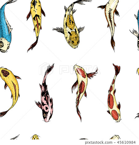 Koi carps, seamless pattern japanese fish. korean animals. Engraved hand drawn line art Vintage Koi carps, seamless pattern japanese fish. korean animals. Engraved hand drawn line art Vintage 45610984