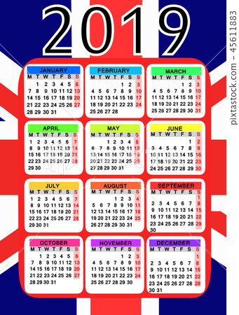 Calendar 2019 with flag of England. Calendar 2019 with flag of England. 45611883