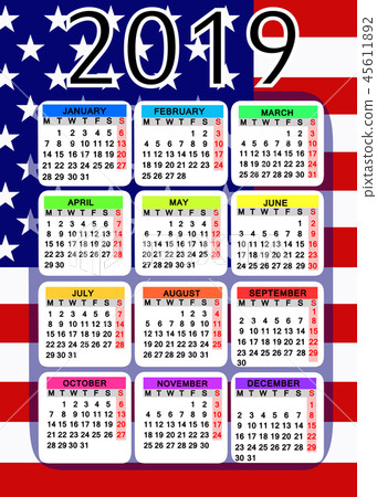 Calendar 2019 with flag of USA. Calendar 2019 with flag of USA. 45611892