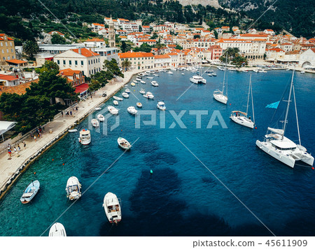 Aerial view photo of picturesque port with sailboats and yachts 45611909