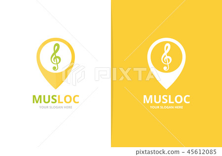 Vector treble clef and map pointer logo combination. Music and gps locator symbol or icon. Unique 45612085