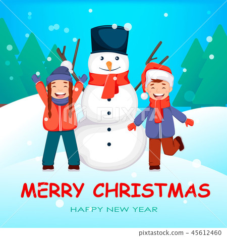 Cheerful kids playing near big snowman Cheerful kids playing near big snowman 45612460