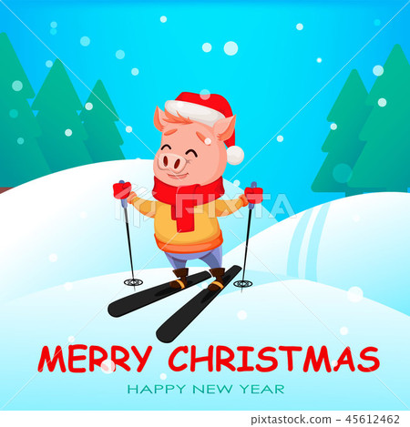 Christmas greeting card. Cute pig Christmas greeting card. Cute pig 45612462