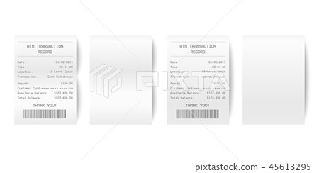 Vector Realistic 3d Paper Printed ATM Transaction Record Receipt Set Closeup Isolated on White Vector Realistic 3d Paper Printed ATM Transaction Record Receipt Set Closeup Isolated on White 45613295