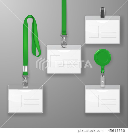Vector Realistic Blank Office Graphic Id Card Set with Green Clasp, Holder Cllip and Lanyard Set 45613330