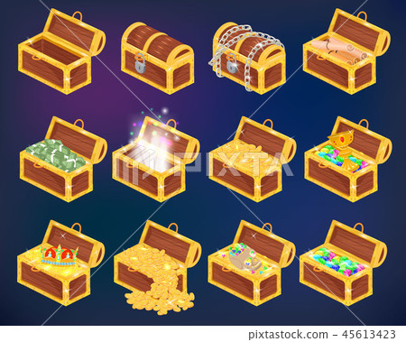 Chest vector treasure box with gold money wealth or wooden pirate chests with golden coins and Chest vector treasure box with gold money wealth or wooden pirate chests with golden coins and 45613423