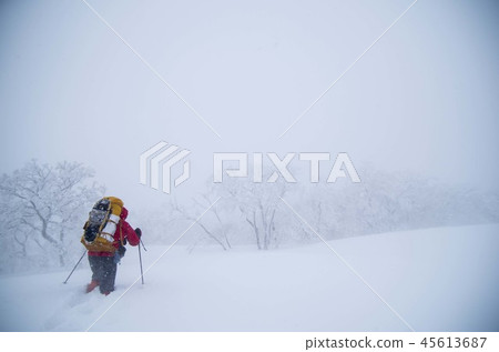爬行在一座多雪的山的爬山者 爬行在一座多雪的山的爬山者 45613687