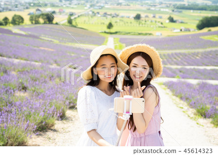 Flower field and woman portrait Flower field and woman portrait 45614323