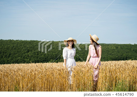 Flower field and woman portrait Flower field and woman portrait 45614790
