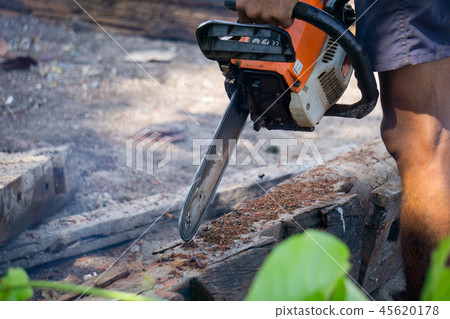 Man uses gasoline engine portable chainsaw cut log Man uses gasoline engine portable chainsaw cut log 45620178