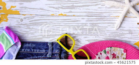 Summer concept. starfish, hat and sunglass Summer concept. starfish, hat and sunglass 45621575