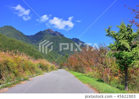 藍天白雲,綠色背景,美麗的山景. 45622803