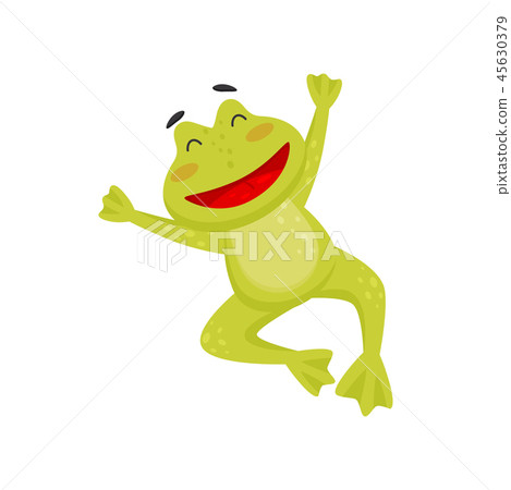 Joyful frog in jumping action with paws up. Happy toad. Flat vector element for children book or 45630379
