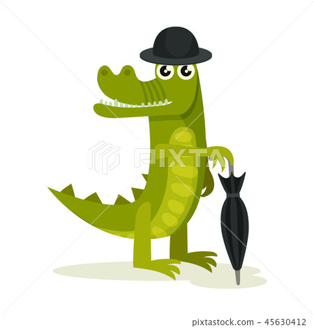 Humanized crocodile in bowler hat and holding umbrella. Green predatory animal. Flat vector design 45630412