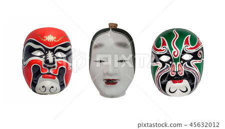 Two colorful  and one ceramic face  45632012