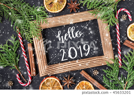 HELLO 2019 greeting card. New Year and Christmas HELLO 2019 greeting card. New Year and Christmas 45633201