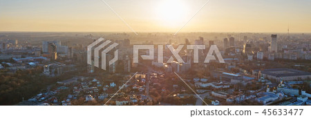 The bird's eye view from drone to the Pechersk district of Kiev, Ukraine at summer sunset. 45633477
