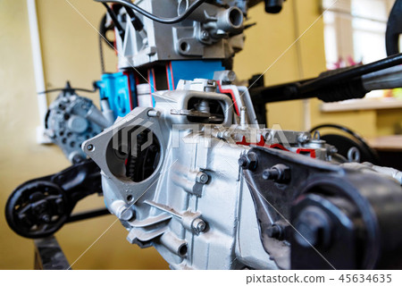 Close up view of internal combustion engine in driving school Close up view of internal combustion engine in driving school 45634635
