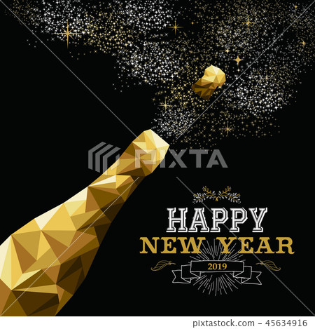 Happy new year 2019 champagne bottle low poly gold - Stock Illustration ...
