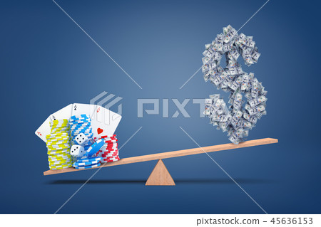 3d rendering of casino chips, cards and dice overweigh a dollar sign made of many banknotes on a 3d rendering of casino chips, cards and dice overweigh a dollar sign made of many banknotes on a 45636153