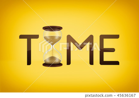 3d rendering of yellow background with the word TIME where a hourglass serves as one of the letters. 3d rendering of yellow background with the word TIME where a hourglass serves as one of the letters. 45636167